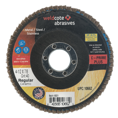 WELDCOTE Flap Disc 4-1/2 X 7/8 C-Prime Plus Ceramic Regular 40G 10662